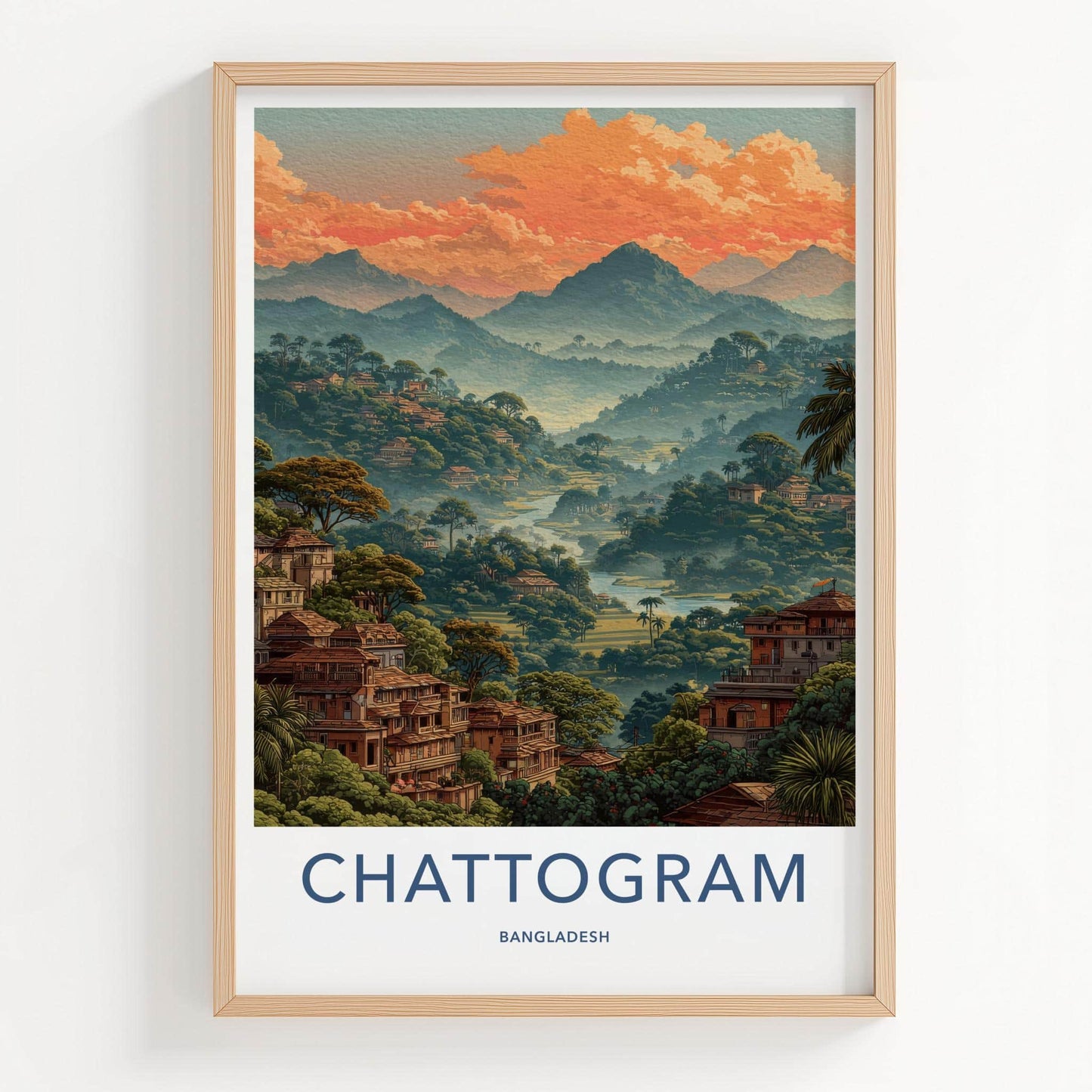 Chattogram Poster - Bangladesh Travel Art - Hillside Village Sunset Home Decor