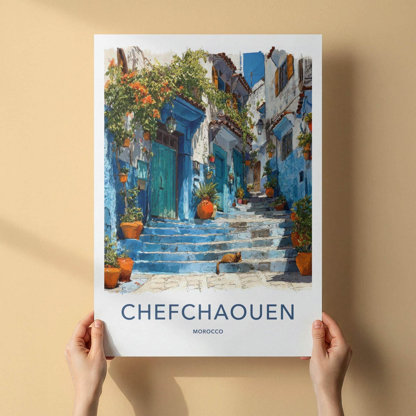 Chefchaouen Poster - Morocco Travel Art - Blue Steps Cat Wall Decor