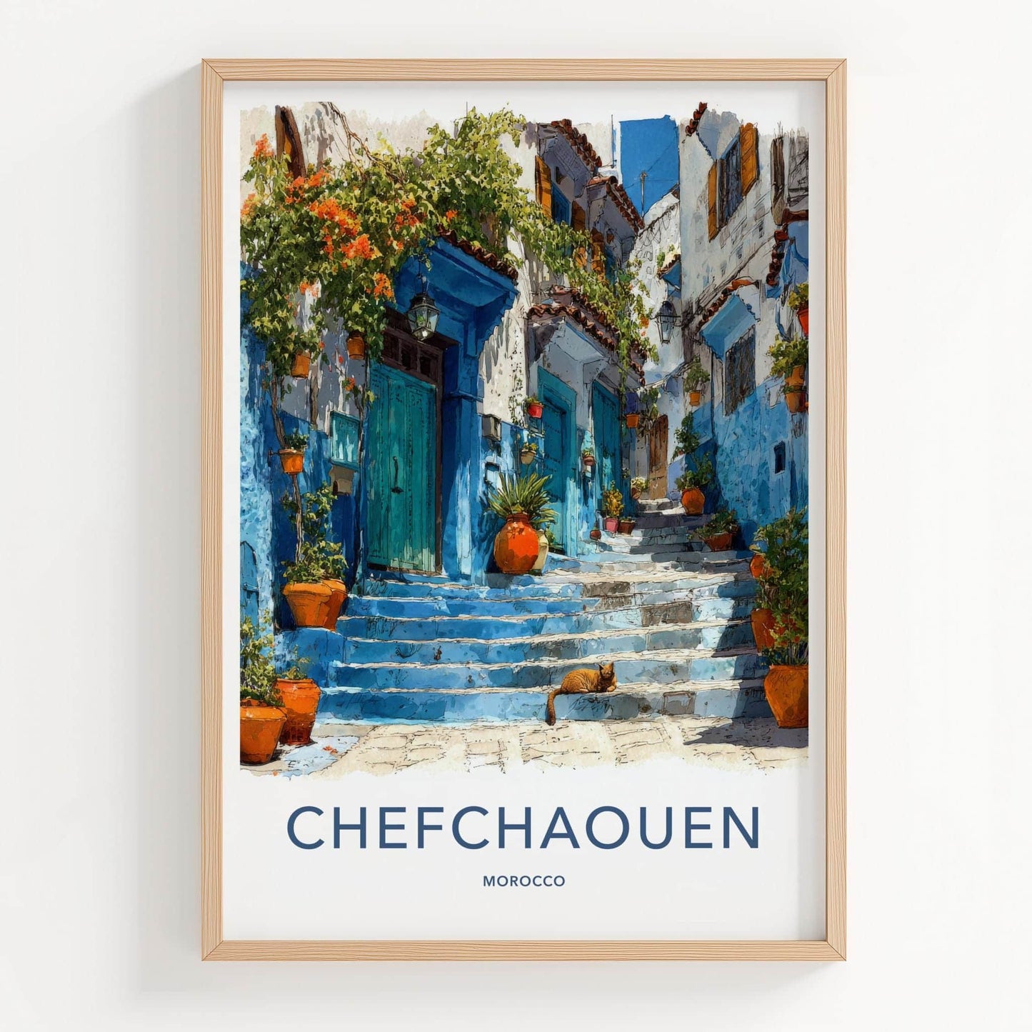 Chefchaouen Poster - Morocco Travel Art - Blue Steps Cat Wall Decor