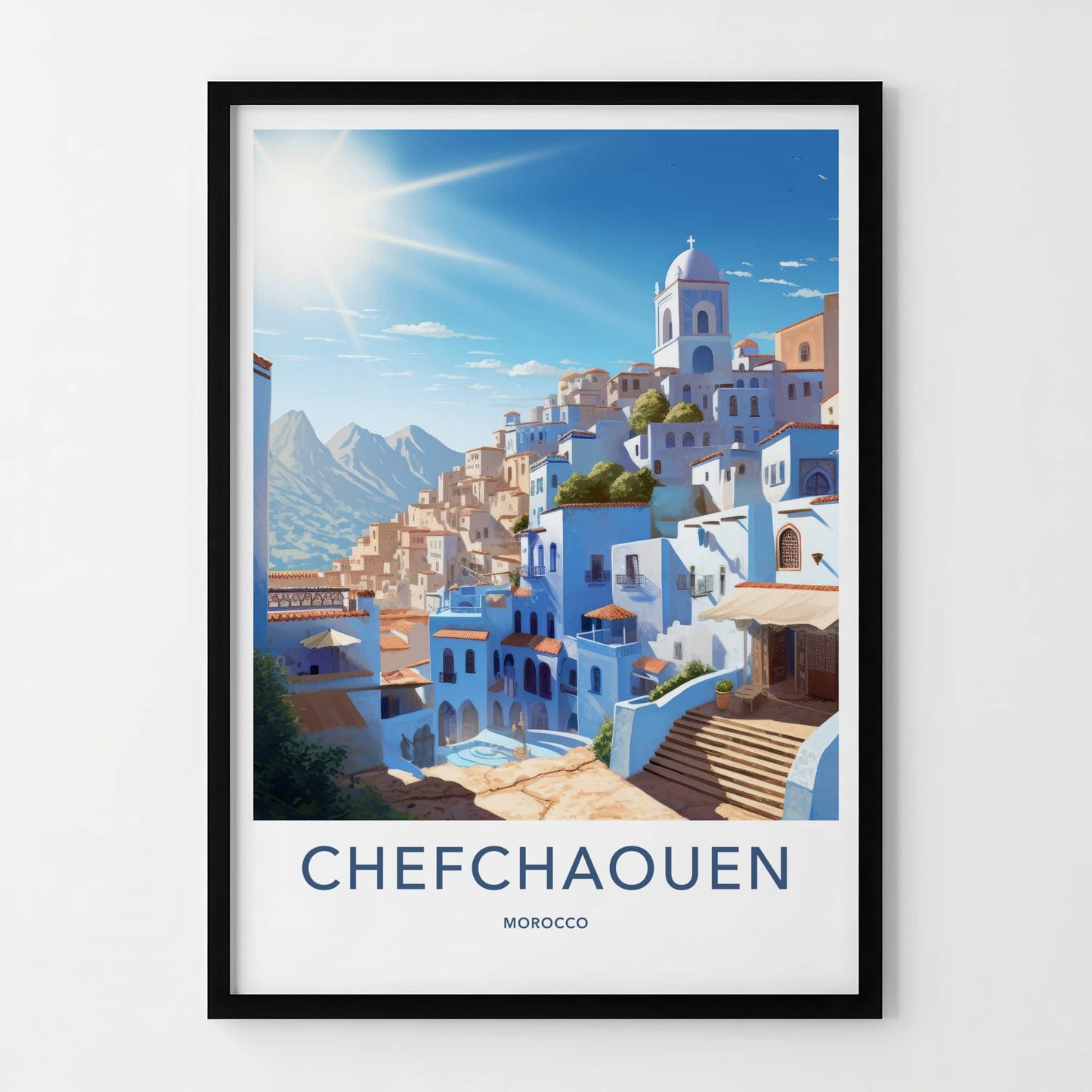 Chefchaouen Poster - Morocco Travel Art - Hillside Blue City Home Decor