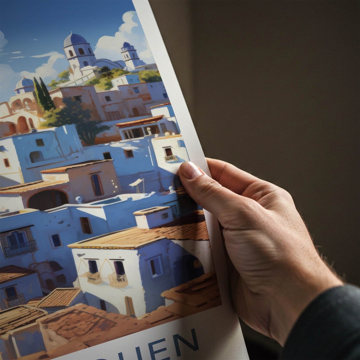 Chefchaouen Poster - Morocco Travel Art - Whitewashed Hillside Village Home Decor