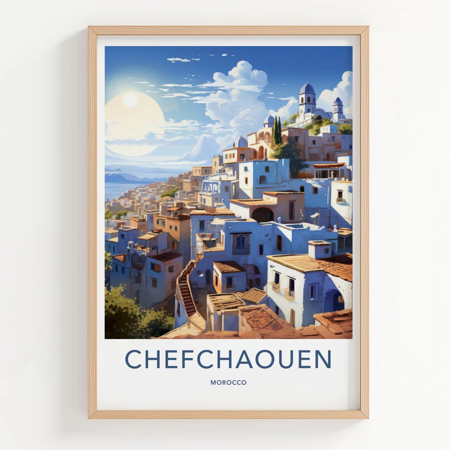Chefchaouen Poster - Morocco Travel Art - Whitewashed Hillside Village Home Decor