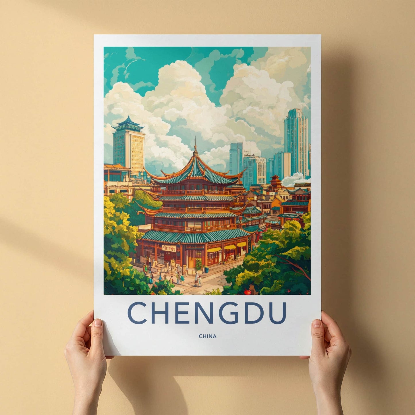 Chengdu Poster - China Travel Art - Historic Pagoda Skyscrapers Home Decor