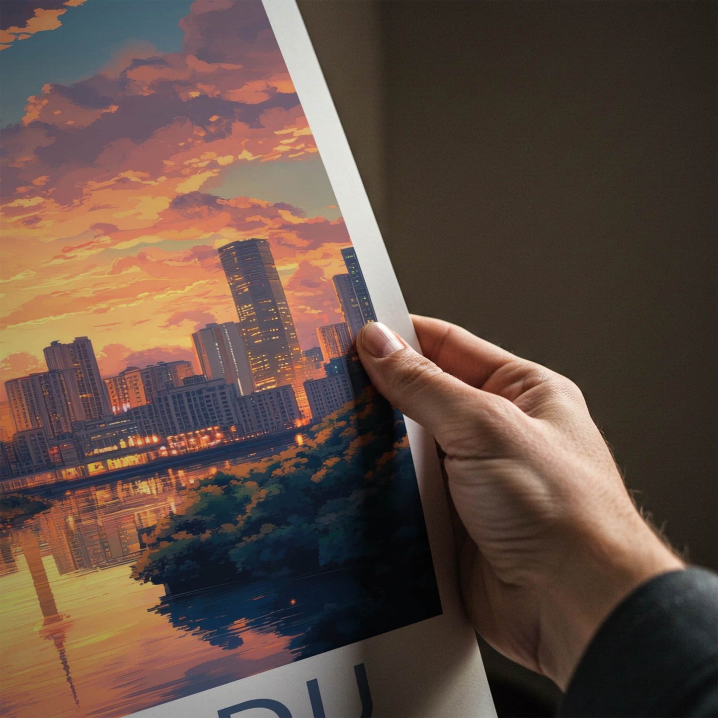 Chengdu Poster - China Travel Art - Orange Sunset Reflection Home Decor
