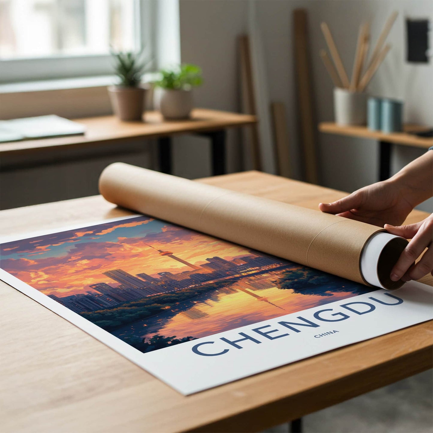 Chengdu Poster - China Travel Art - Orange Sunset Reflection Home Decor