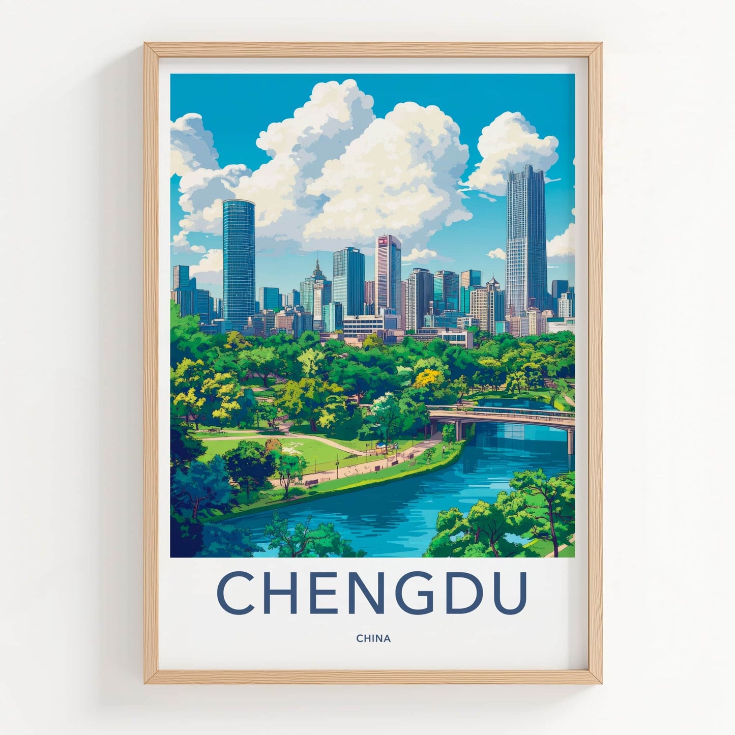 Chengdu Poster - China Travel Art - Skyscrapers River Park Home Decor