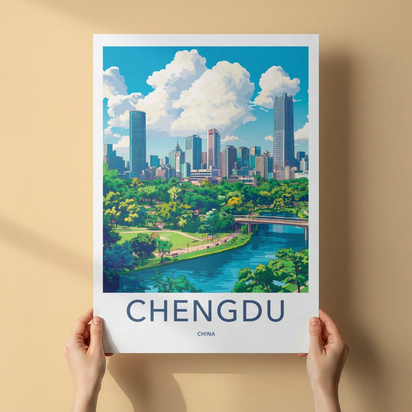 Chengdu Poster - China Travel Art - Skyscrapers River Park Home Decor