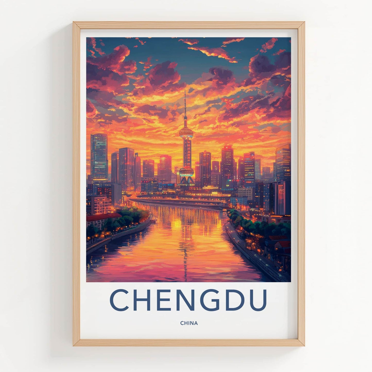 Chengdu Poster - China Travel Art - Vibrant City Sunset Home Decor