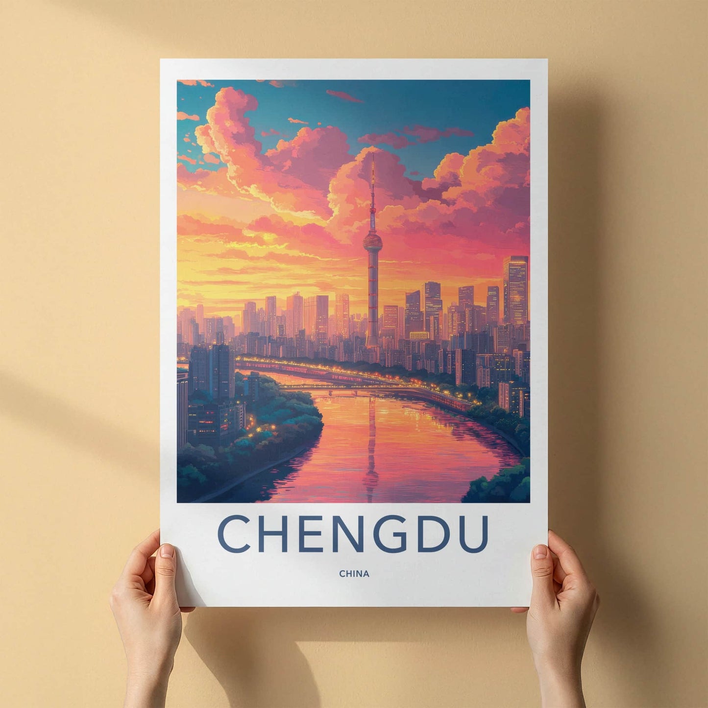 Chengdu Poster - China Travel Art - Vibrant Sunset City Wall Decor