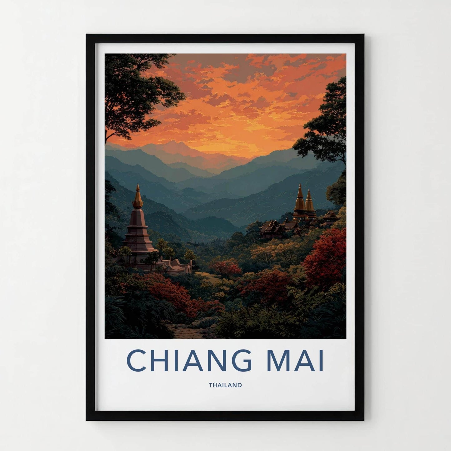 Chiang Mai Poster - Thailand Scenic Art - Golden Temple Sunset Home Decor