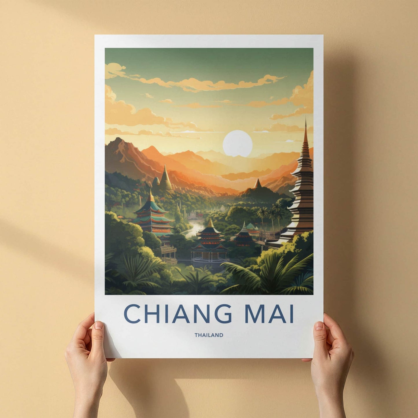 Chiang Mai Poster - Thailand Travel Art - Golden Temple Sunset Wall Decor
