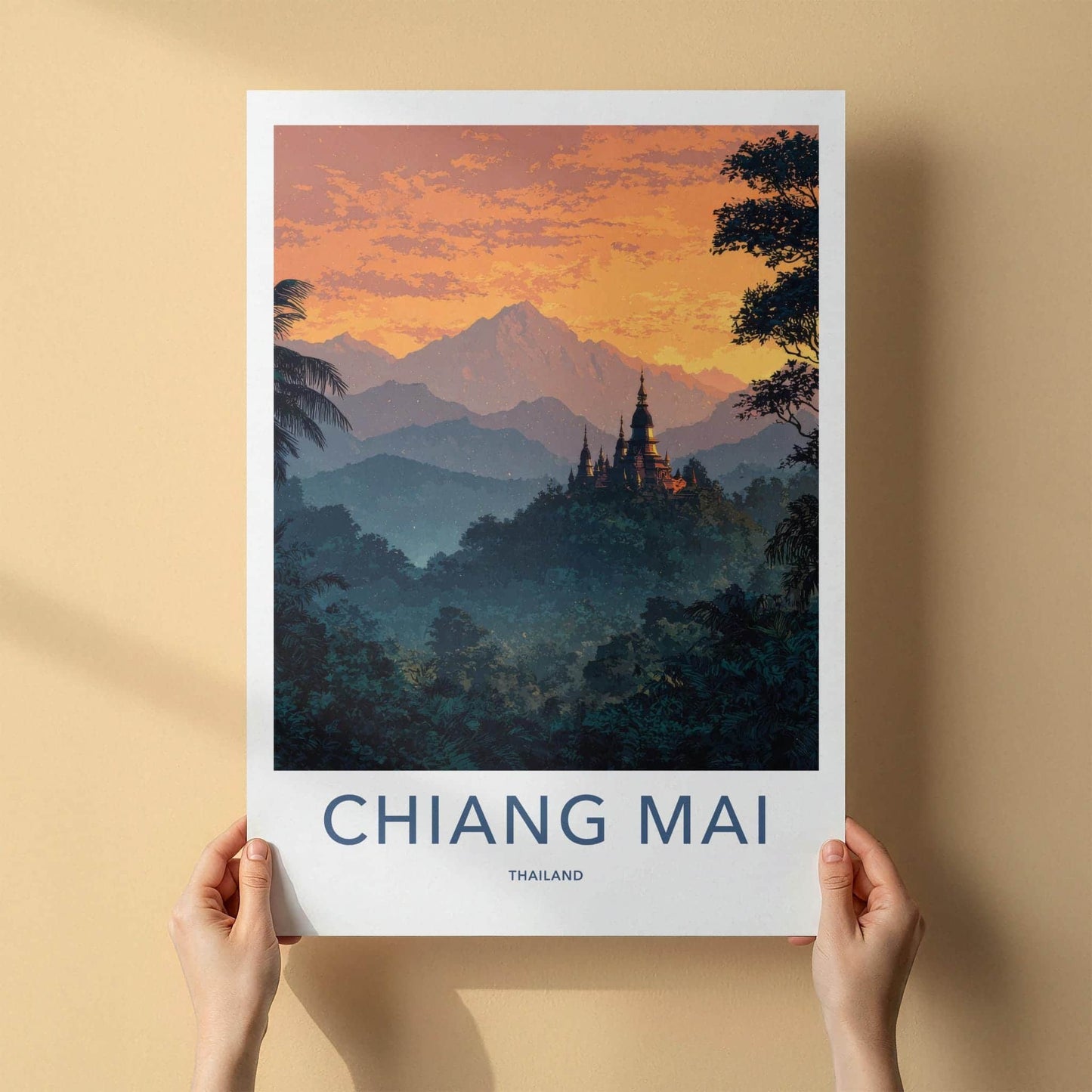 Chiang Mai Poster - Thailand Travel Art - Jungle Temple Sunset Home Decor