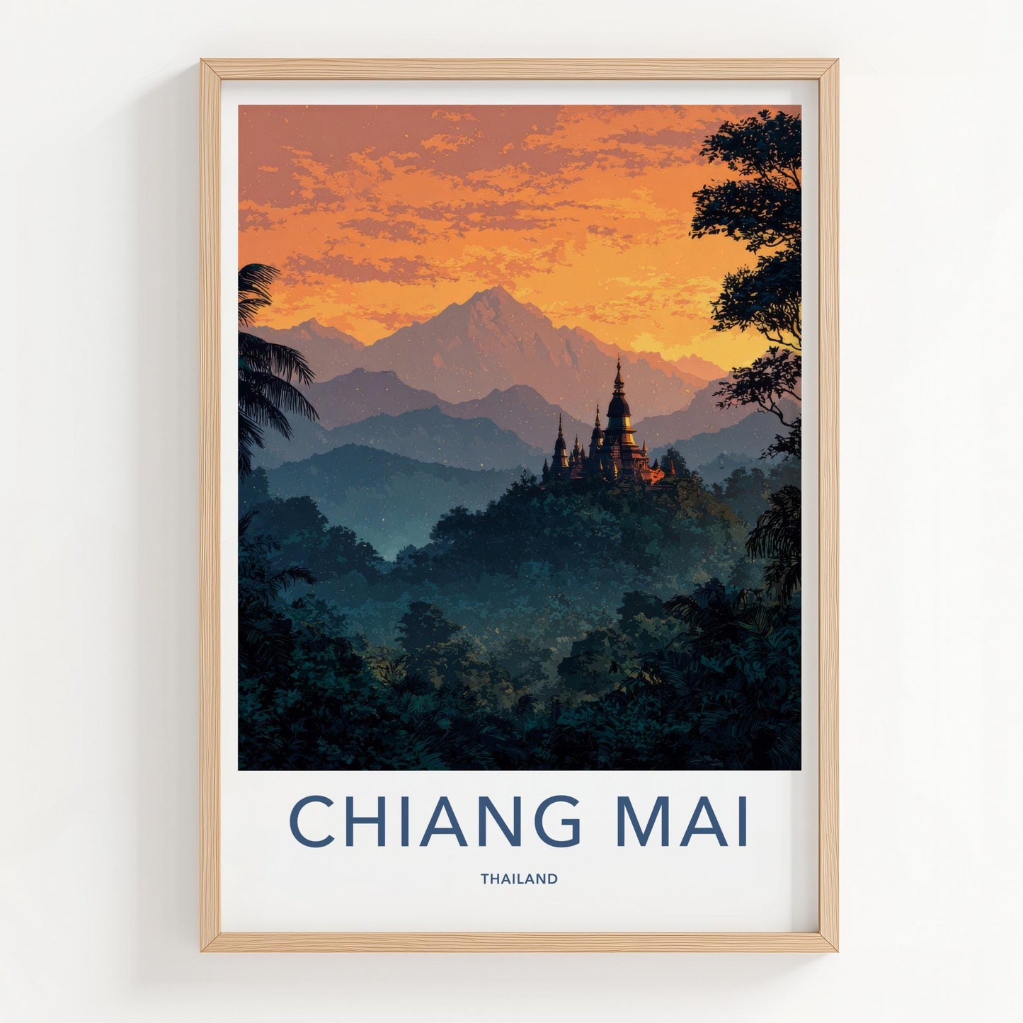 Chiang Mai Poster - Thailand Travel Art - Jungle Temple Sunset Home Decor