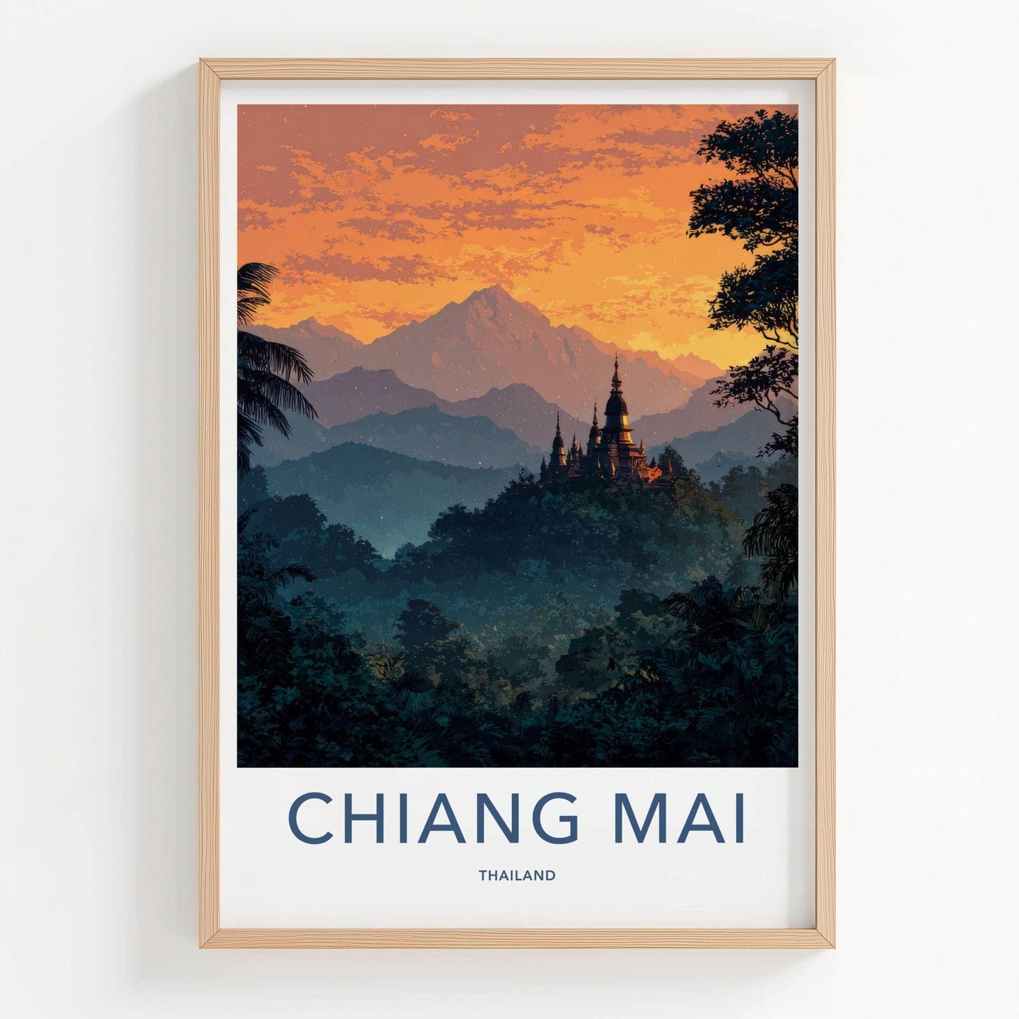 Chiang Mai Poster - Thailand Travel Art - Jungle Temple Sunset Home Decor