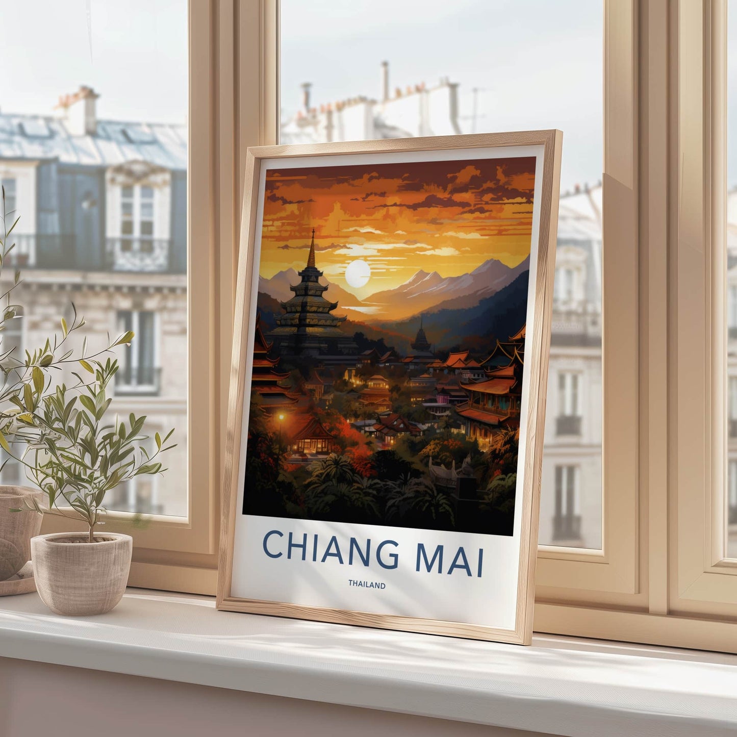 Chiang Mai Poster - Thailand Travel Art - Mountain Temple Sunset Home Decor