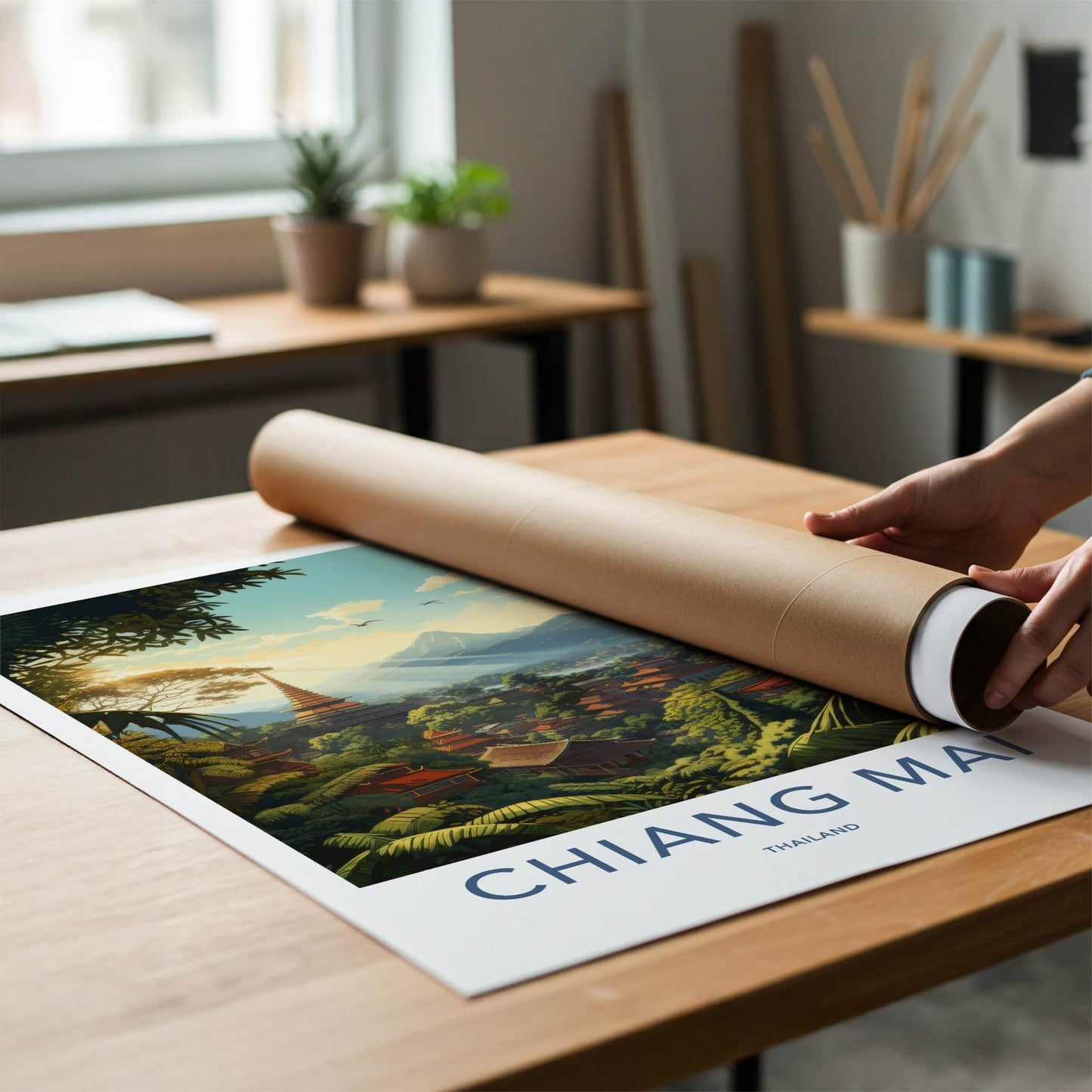 Chiang Mai Poster - Thailand Travel Art - Pagoda Jungle Sunrays Home Decor