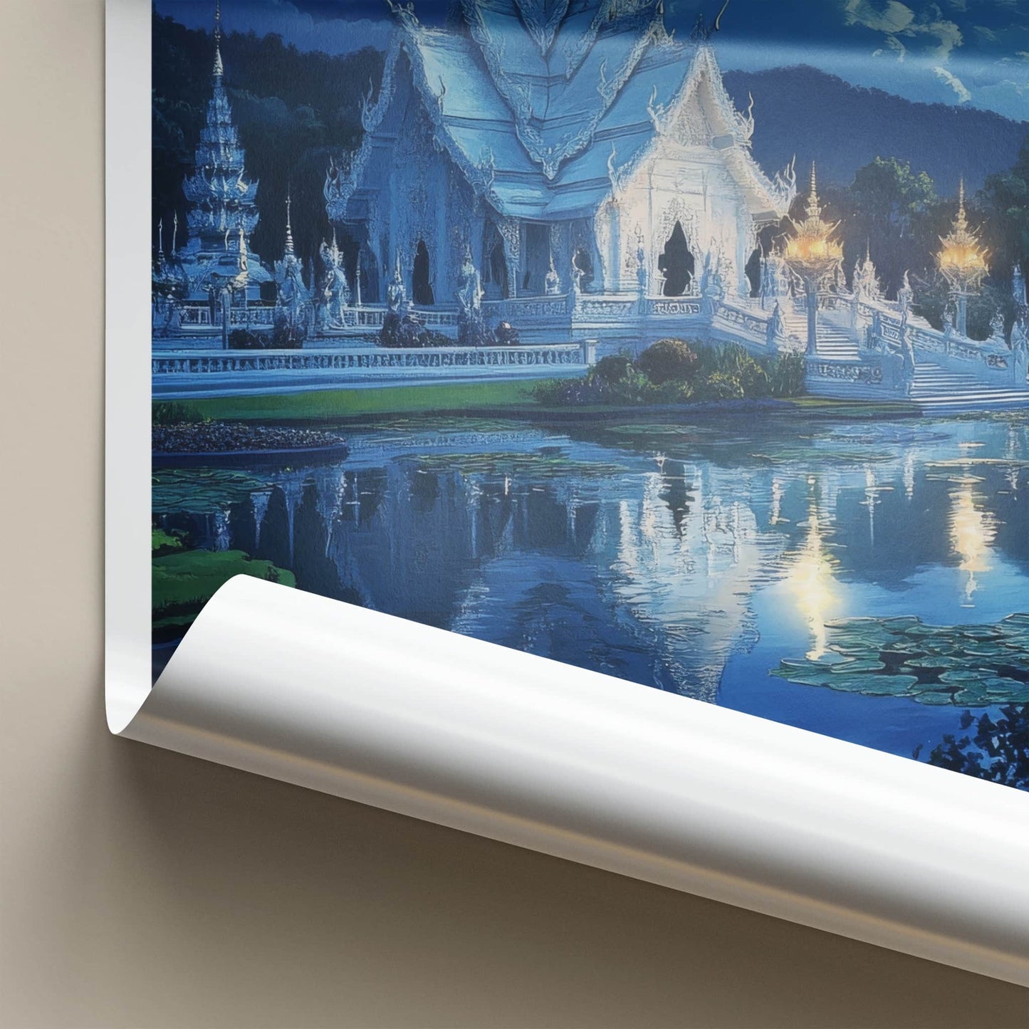 Chiang Rai Poster - Thailand Travel Art - Moonlit Temple Reflection Home Decor