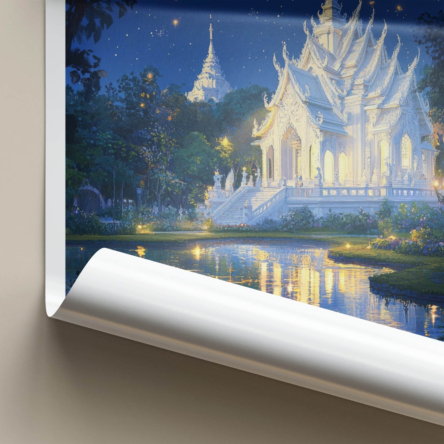 Chiang Rai Poster - Thailand Travel Art - Starry Temple Pond Wall Decor