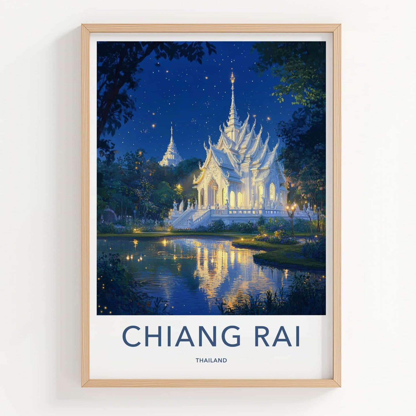 Chiang Rai Poster - Thailand Travel Art - Starry Temple Pond Wall Decor