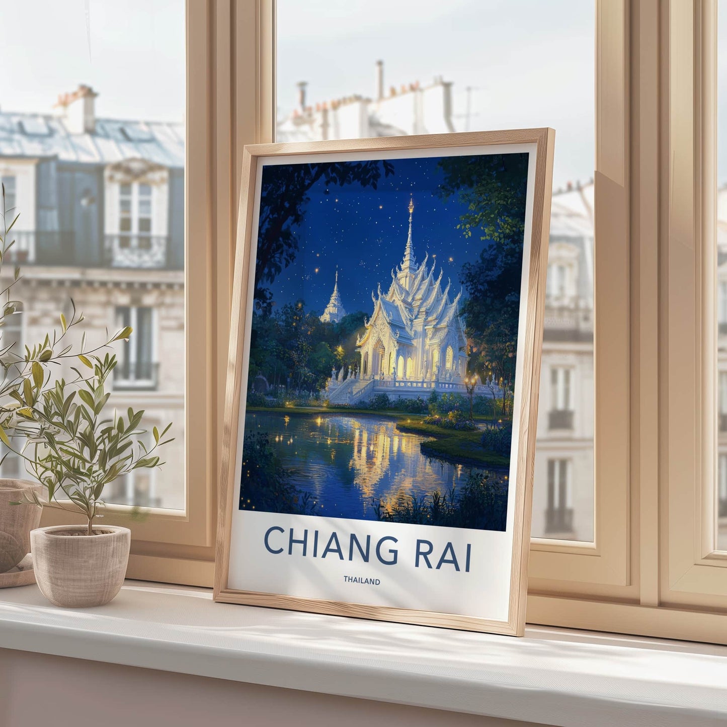 Chiang Rai Poster - Thailand Travel Art - Starry Temple Pond Wall Decor