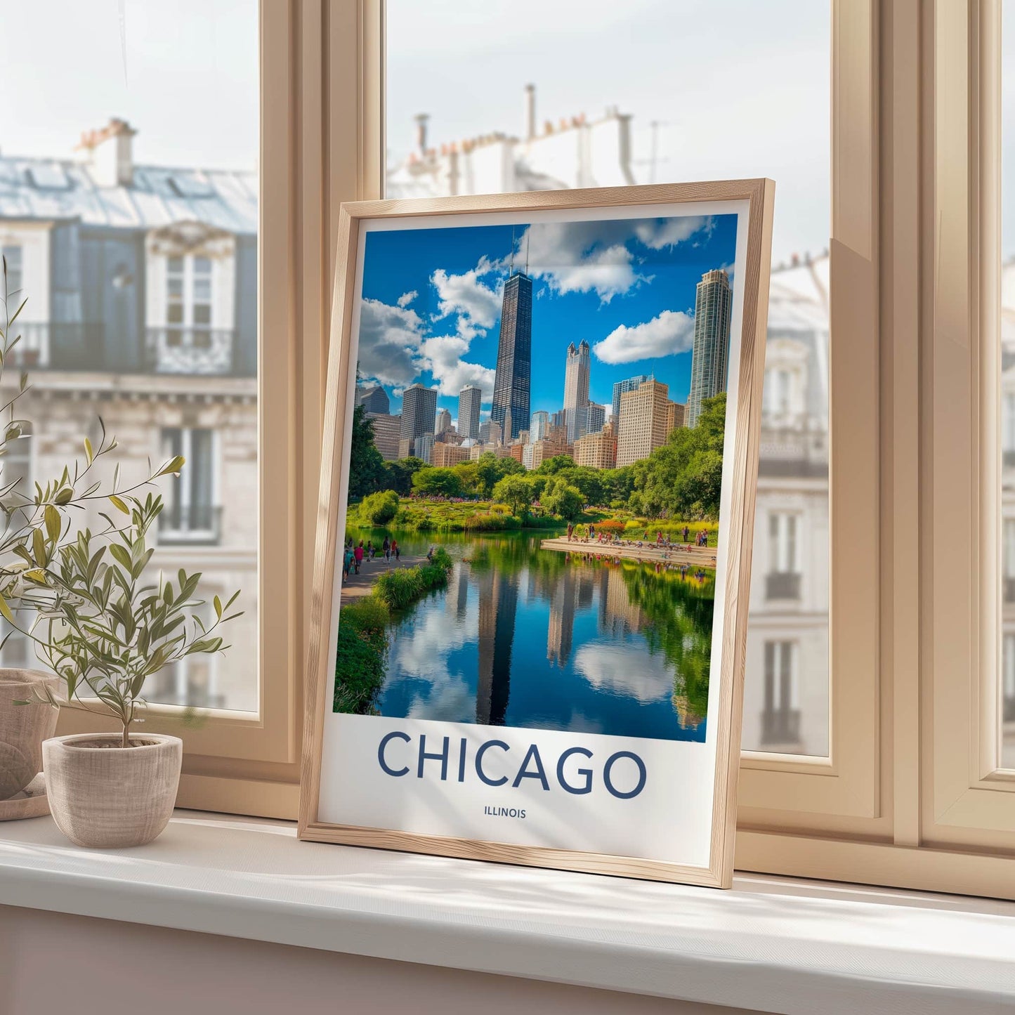 Chicago Poster - Illinois Travel Art - City Park Reflections Home Decor