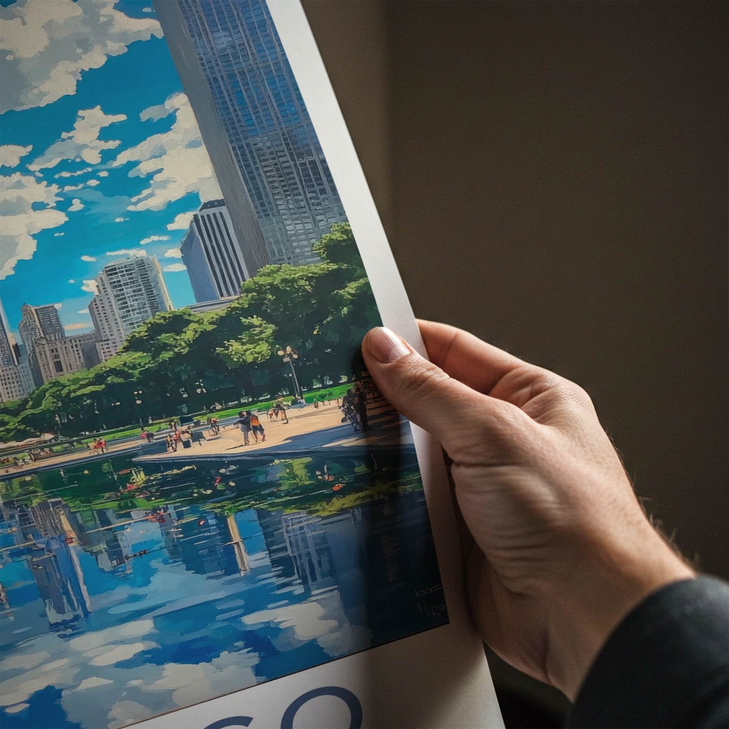 Chicago Poster - Illinois Wall Art - Skyline park reflection Home Decor