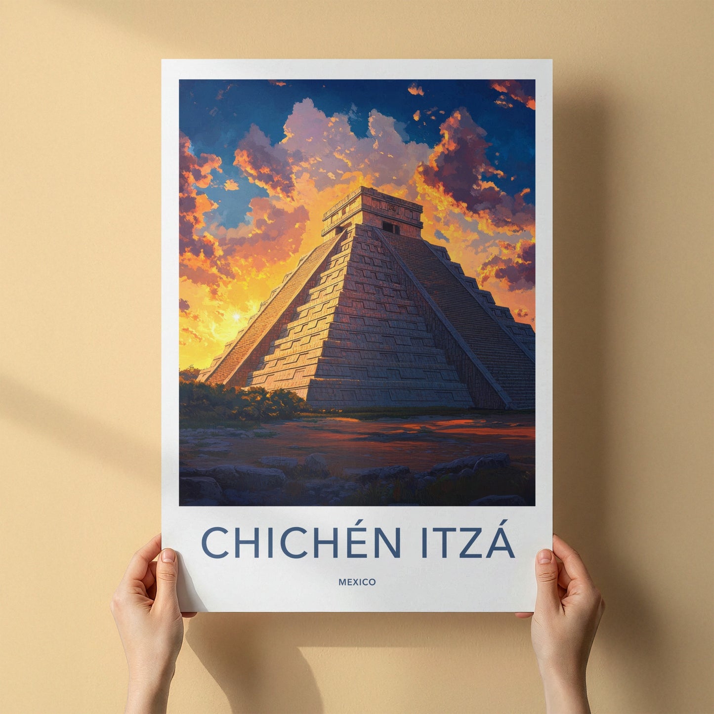 Chichen Itza Poster - Mexico Travel Art - Ancient Pyramid Sunset Home Decor