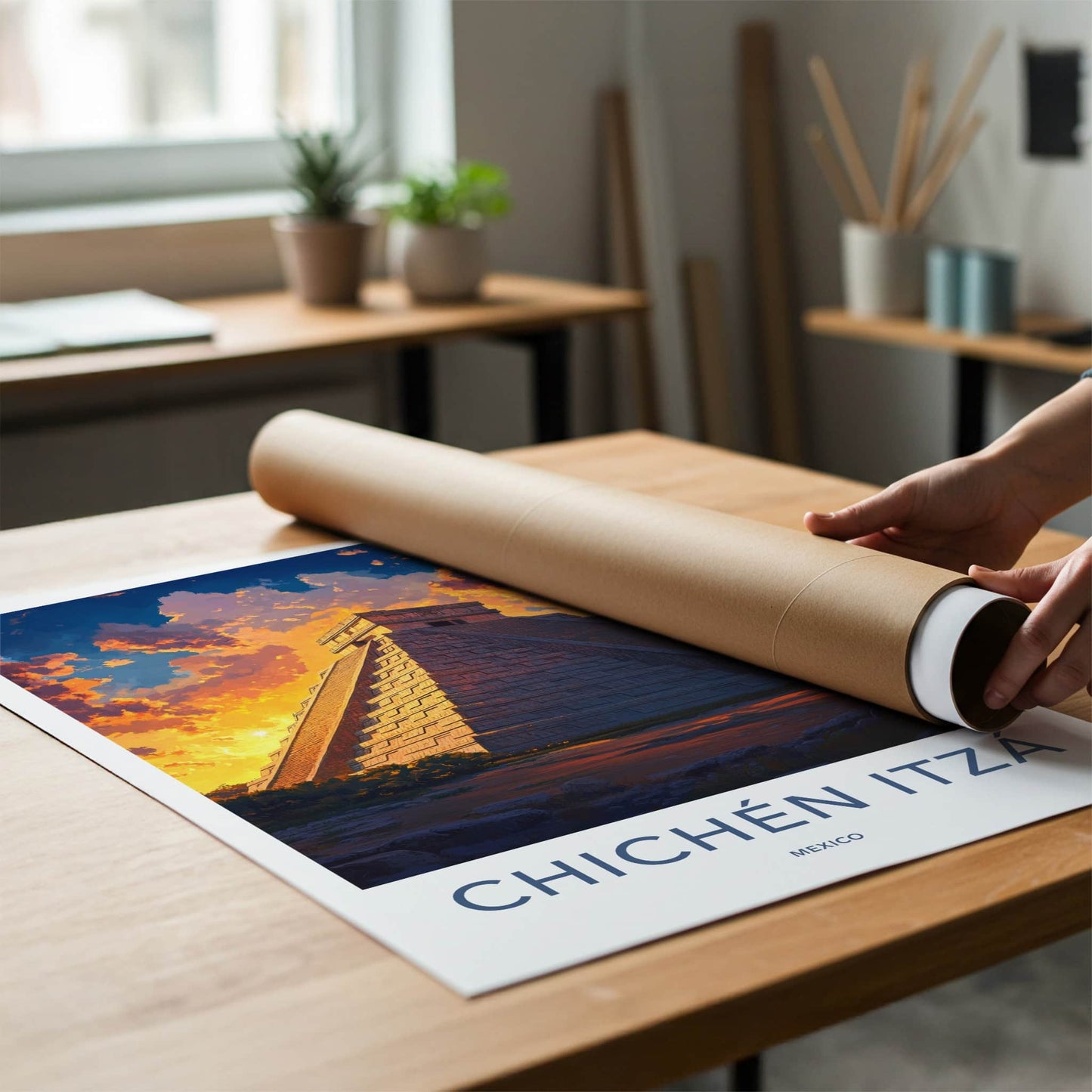 Chichen Itza Poster - Mexico Travel Art - Ancient Pyramid Sunset Home Decor