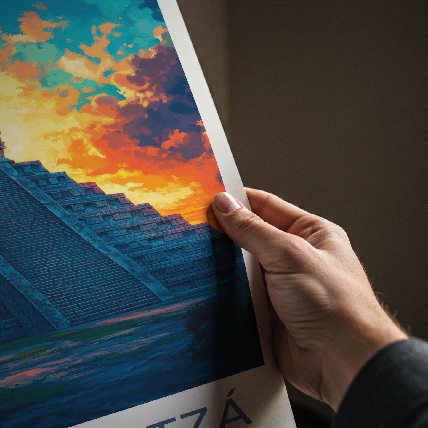 Chichen Itza Poster - Mexico Travel Art - Dramatic Sunset Pyramid Home Decor