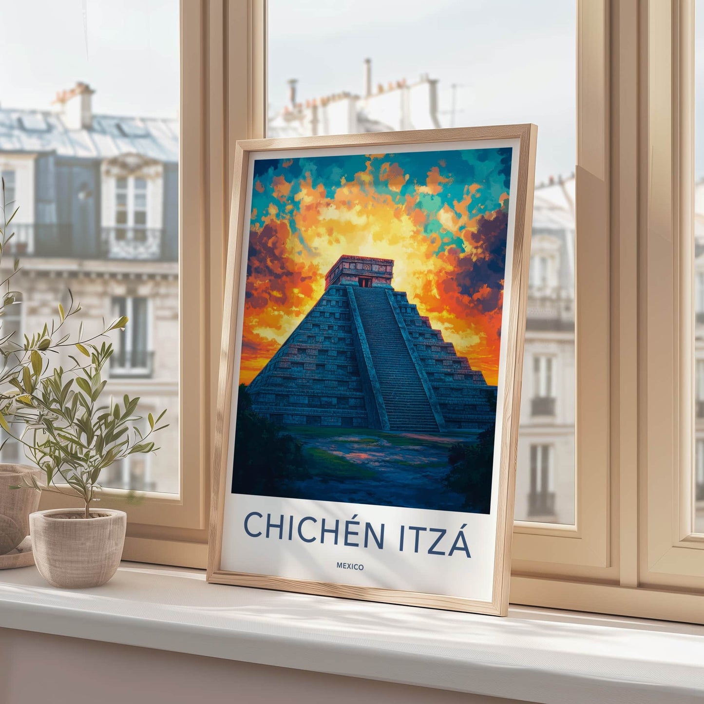 Chichen Itza Poster - Mexico Travel Art - Dramatic Sunset Pyramid Home Decor