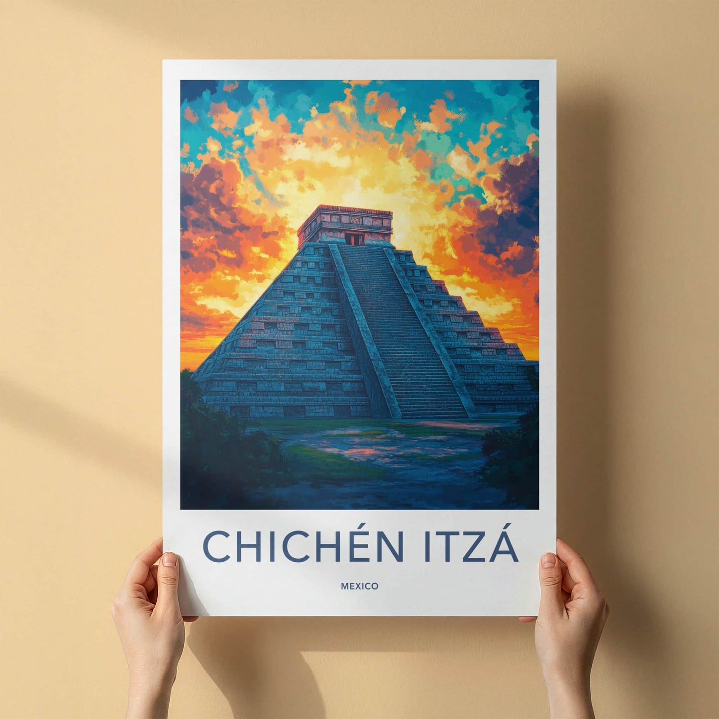 Chichen Itza Poster - Mexico Travel Art - Dramatic Sunset Pyramid Home Decor