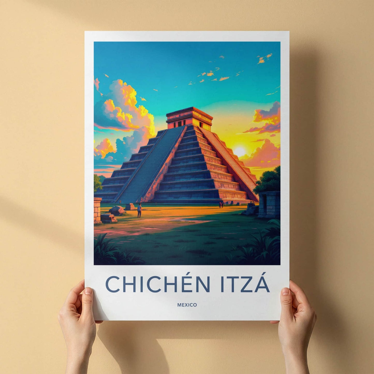 Chichen Itza Poster - Mexico Travel Art - Pyramid Sunset Clouds Home Decor