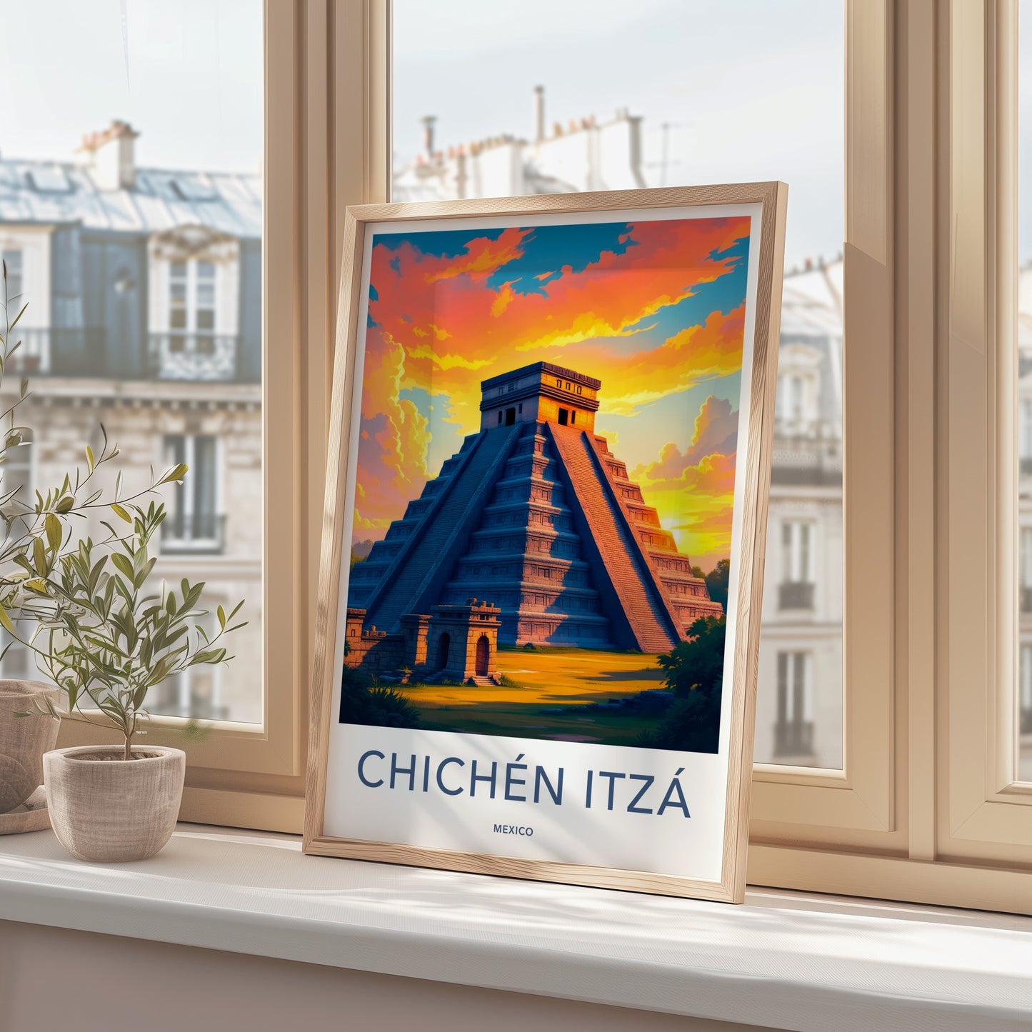 Chichen Itza Poster - Mexico Travel Art - Vibrant Sunset Pyramid Home Decor