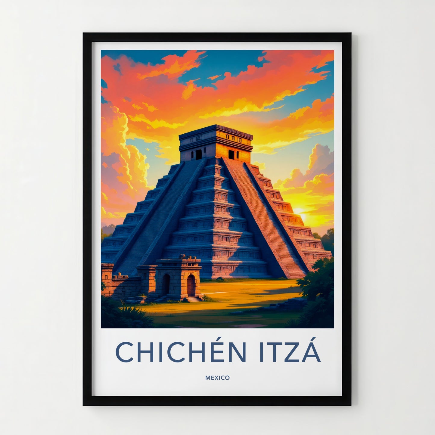 Chichen Itza Poster - Mexico Travel Art - Vibrant Sunset Pyramid Home Decor