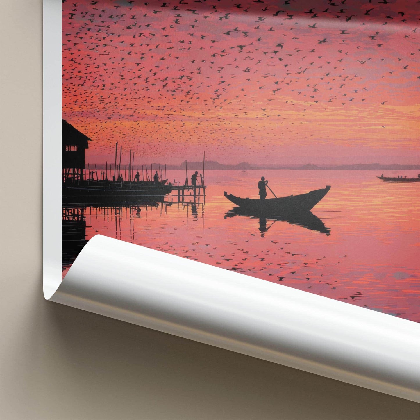 Chilika Lake Poster - India Travel Art - Odisha birds vibrant sunset Wall Decor