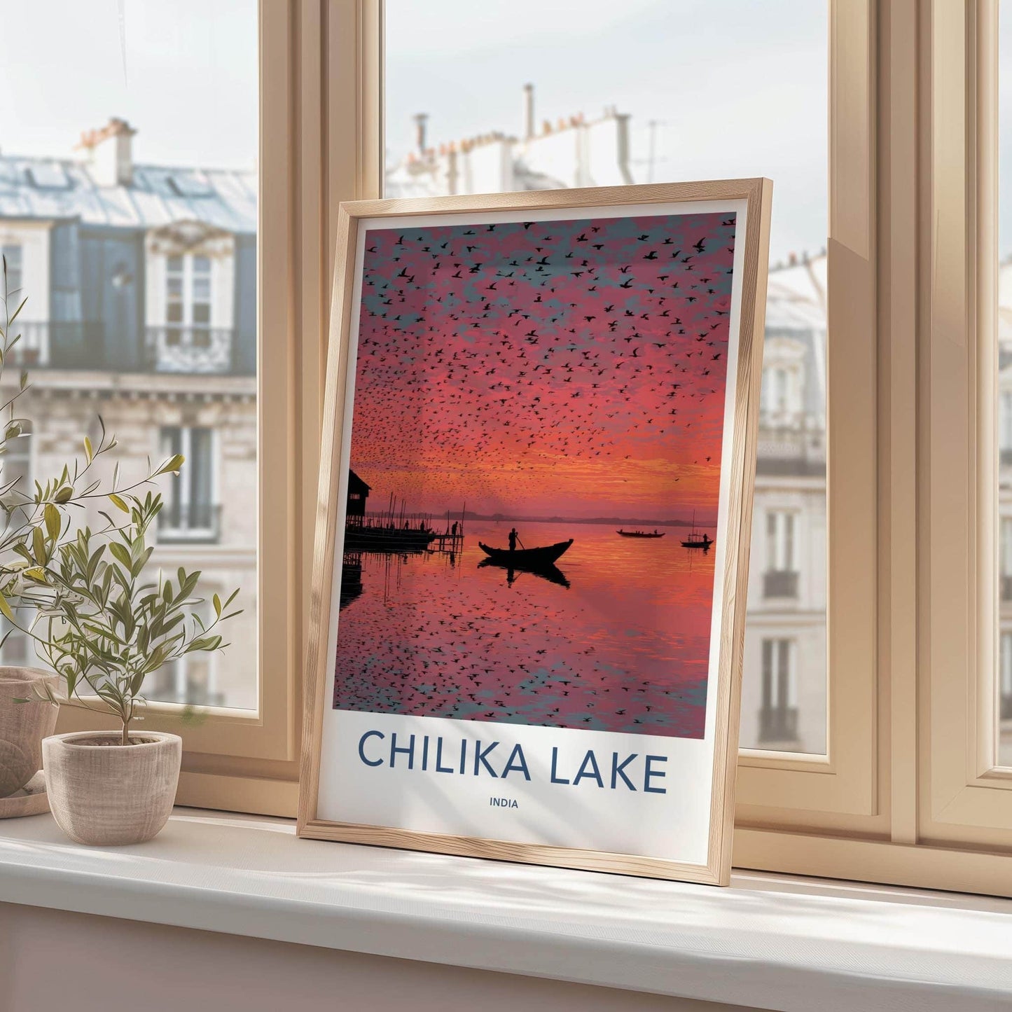 Chilika Lake Poster - India Travel Art - Odisha birds vibrant sunset Wall Decor