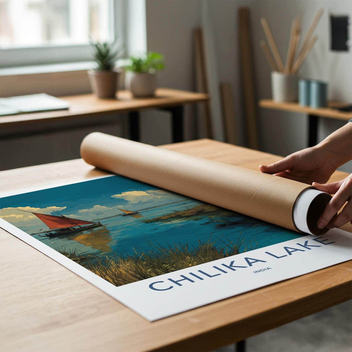 Chilika Lake Poster - India Travel Art - Odisha Lakeside Boats Sailing Home Decor
