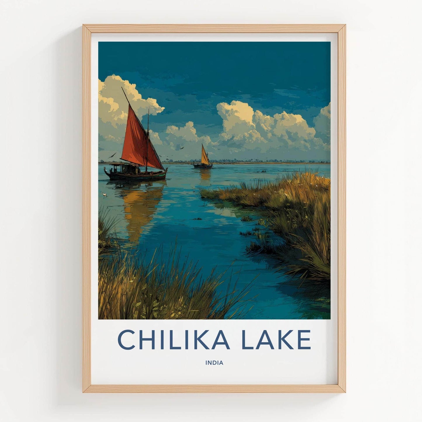 Chilika Lake Poster - India Travel Art - Odisha Lakeside Boats Sailing Home Decor