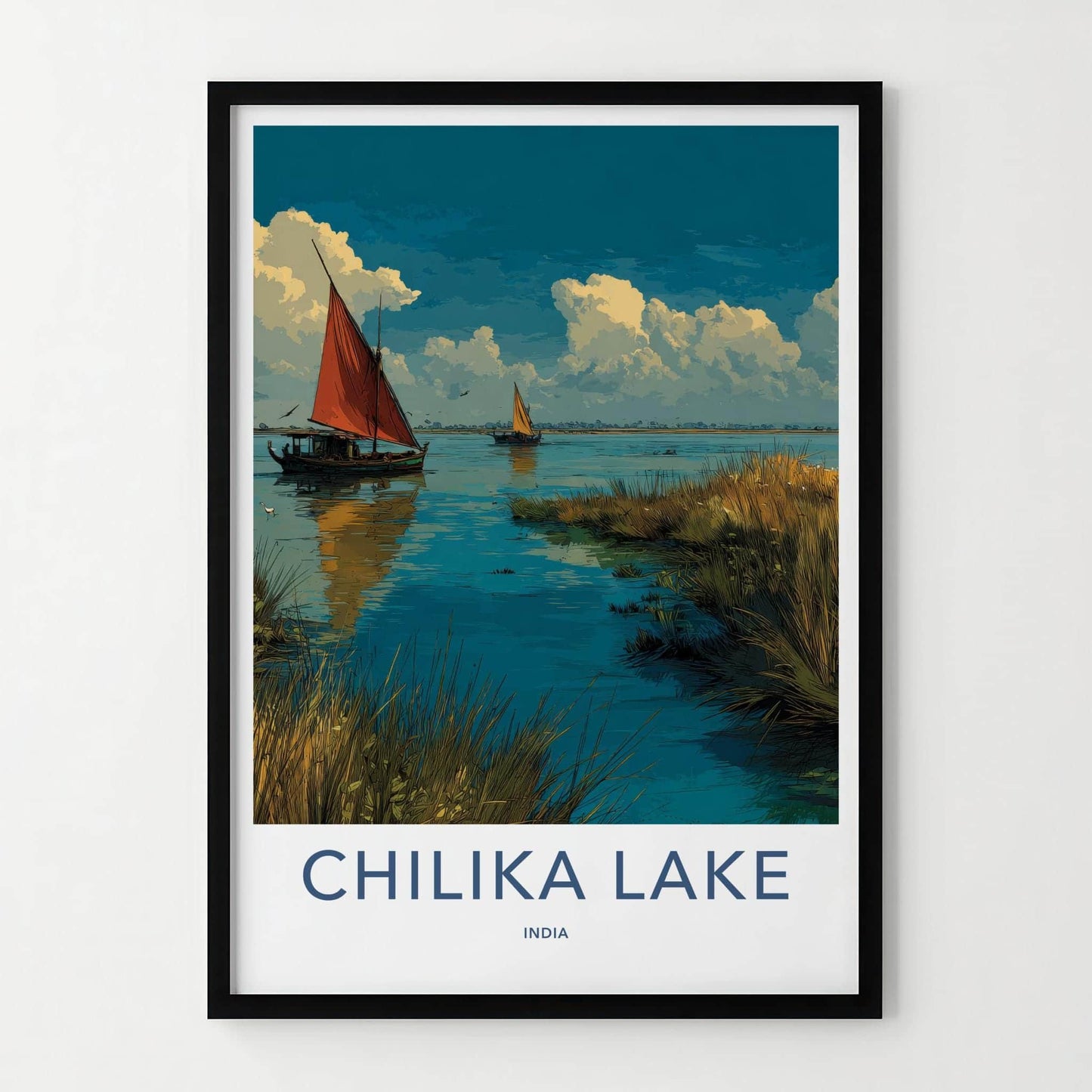 Chilika Lake Poster - India Travel Art - Odisha Lakeside Boats Sailing Home Decor