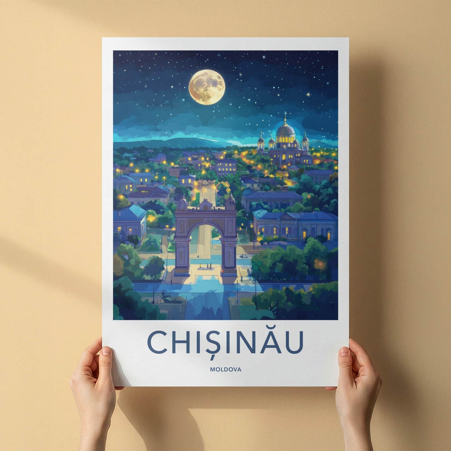 Chisinau Poster - Moldova Travel Art - Moonlit Arch Cathedral Home Decor