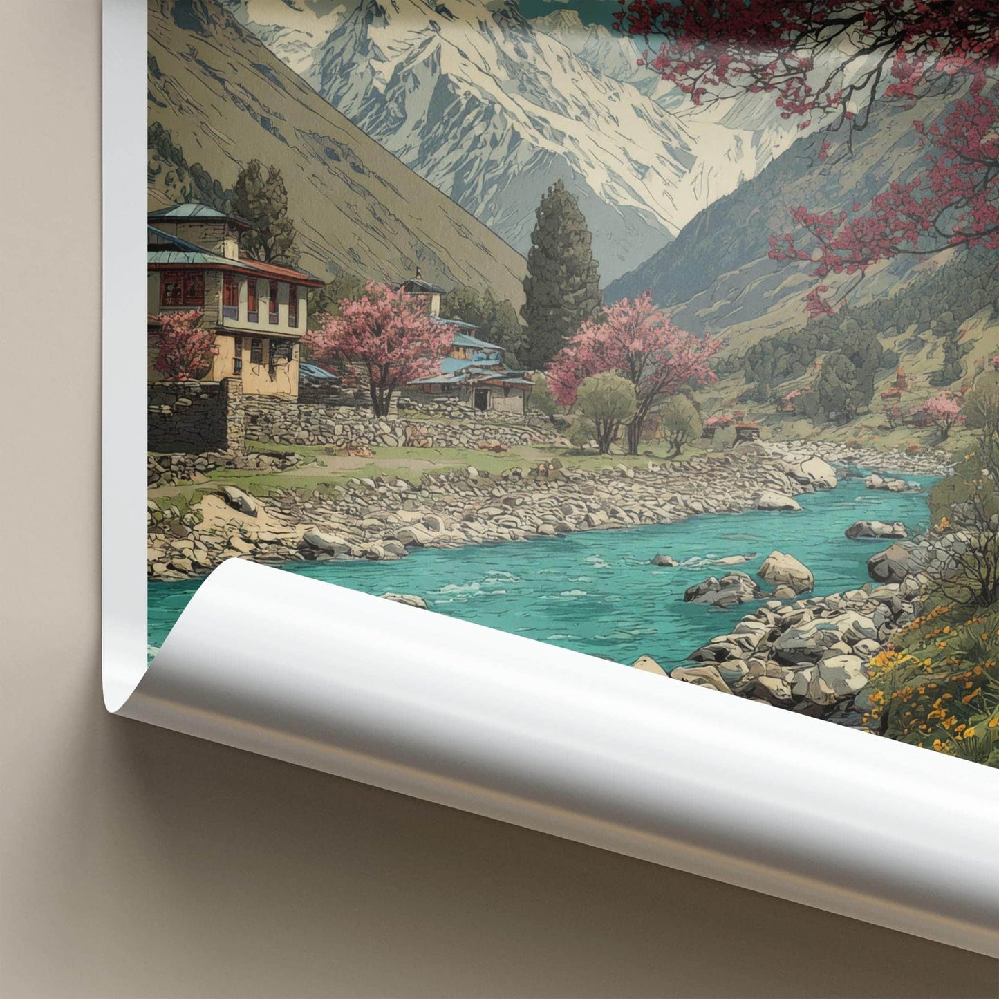 Chitkul Poster - India Travel Art - Himlayan river village Home Decor
