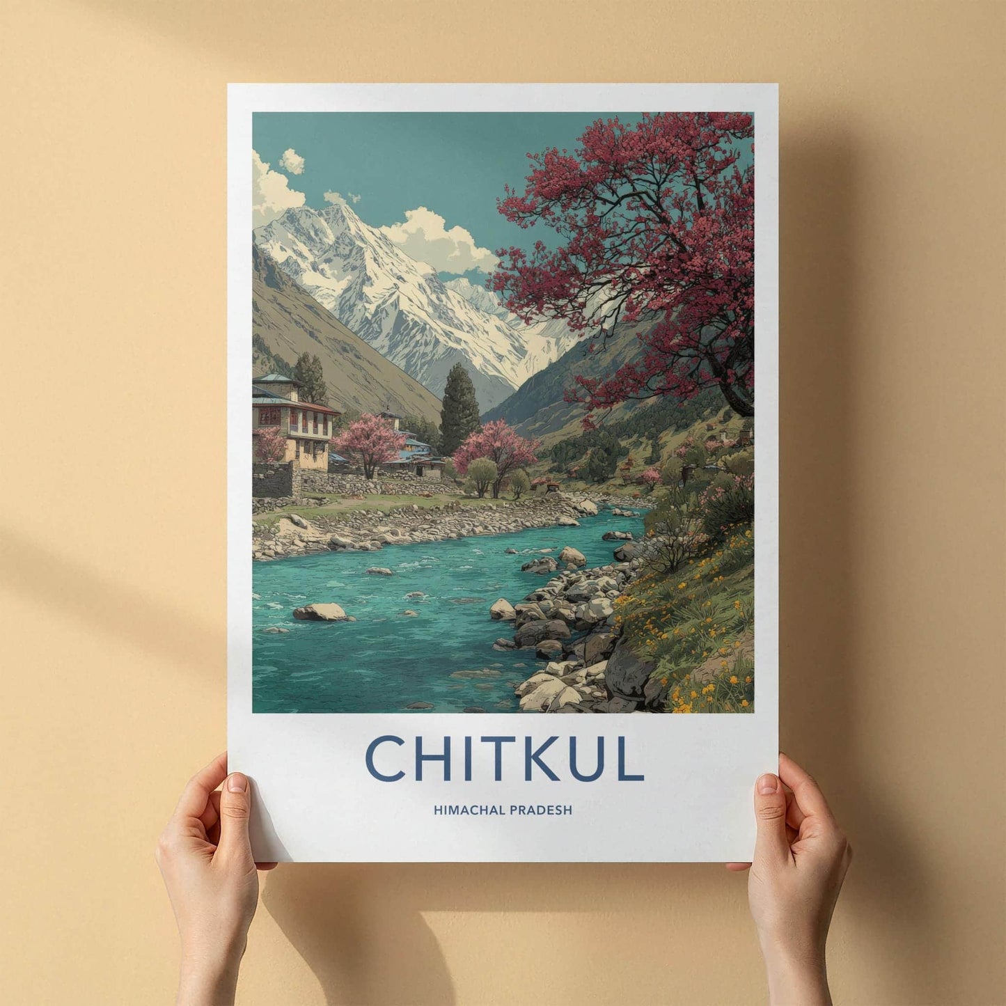 Chitkul Poster - India Travel Art - Himlayan river village Home Decor