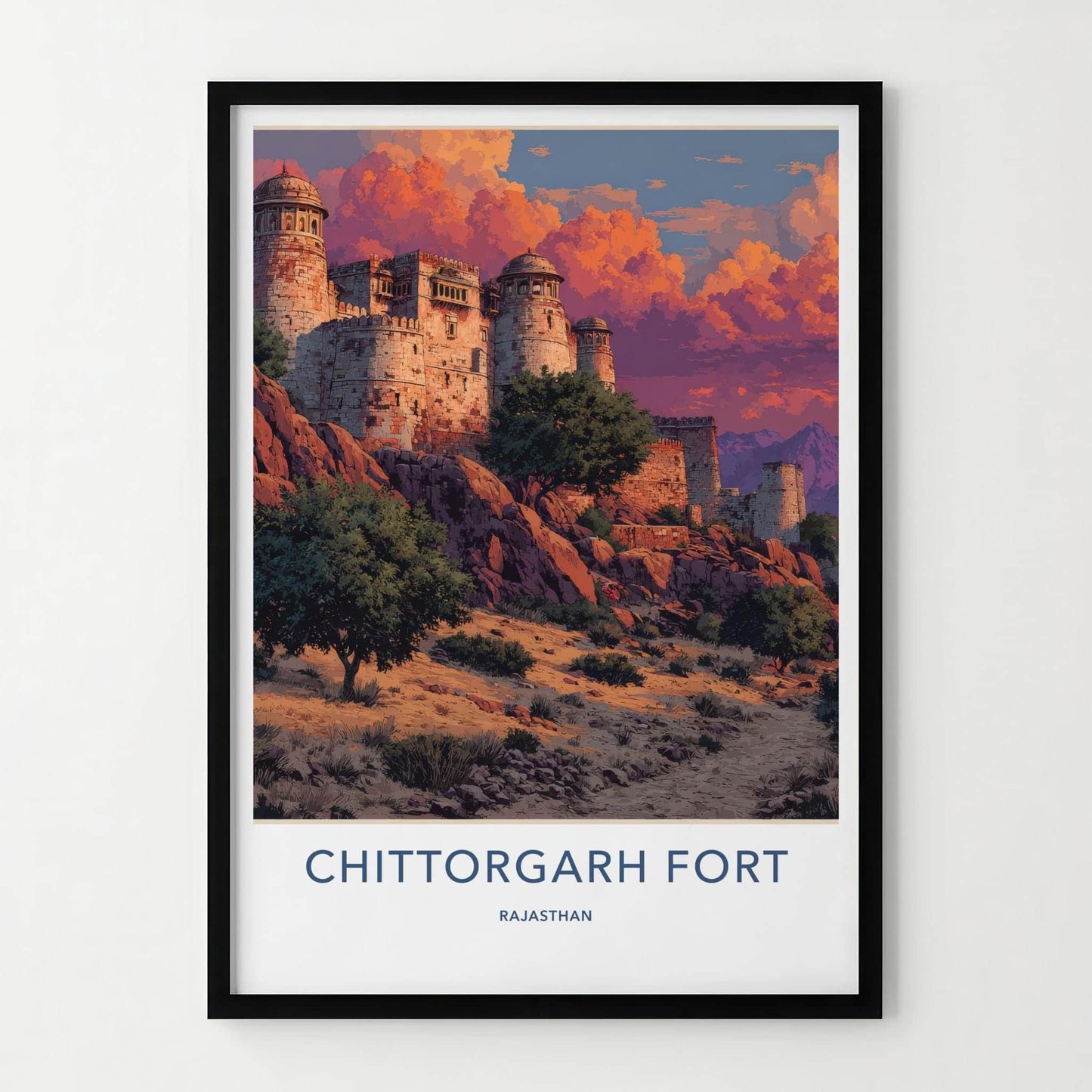 Chittorgarh Fort Poster - India Wall Art - Rajasthan Red sky fort Gift