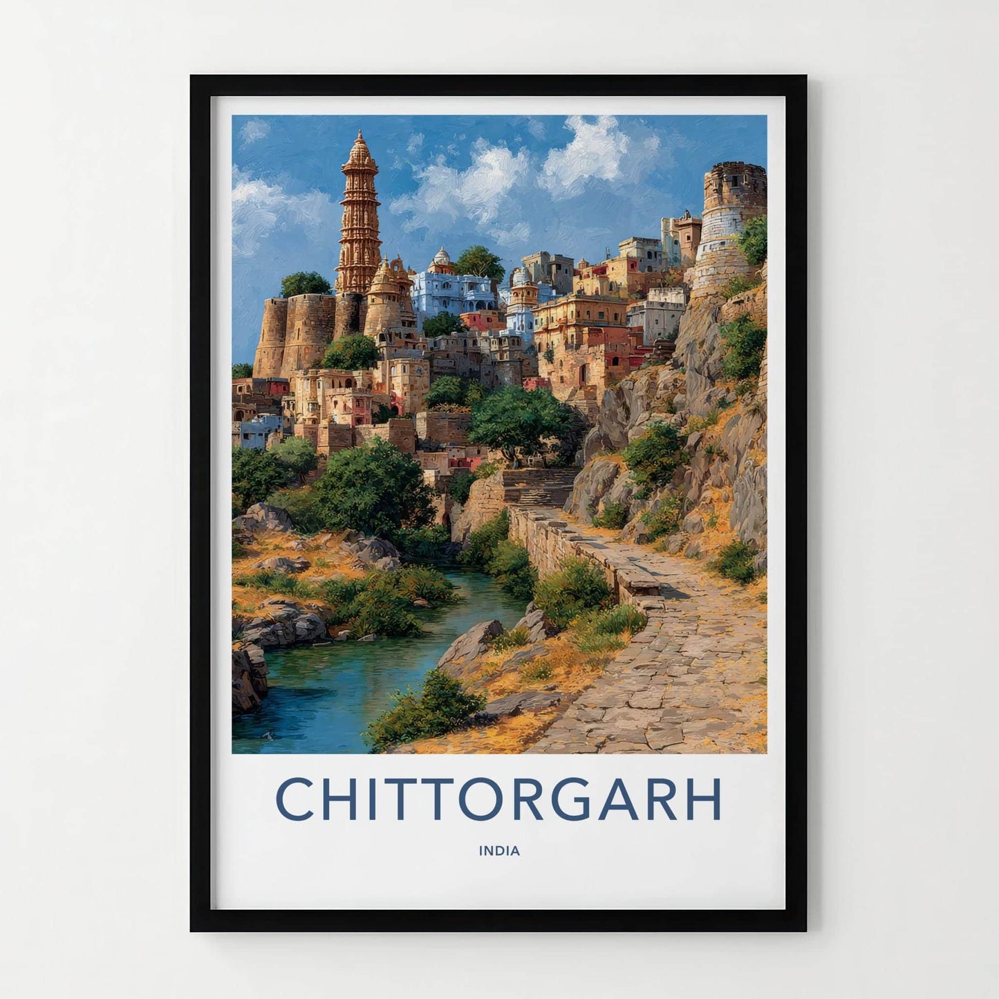 Chittorgarh Poster - India Travel Art - Rajasthan Hillside River Home Decor