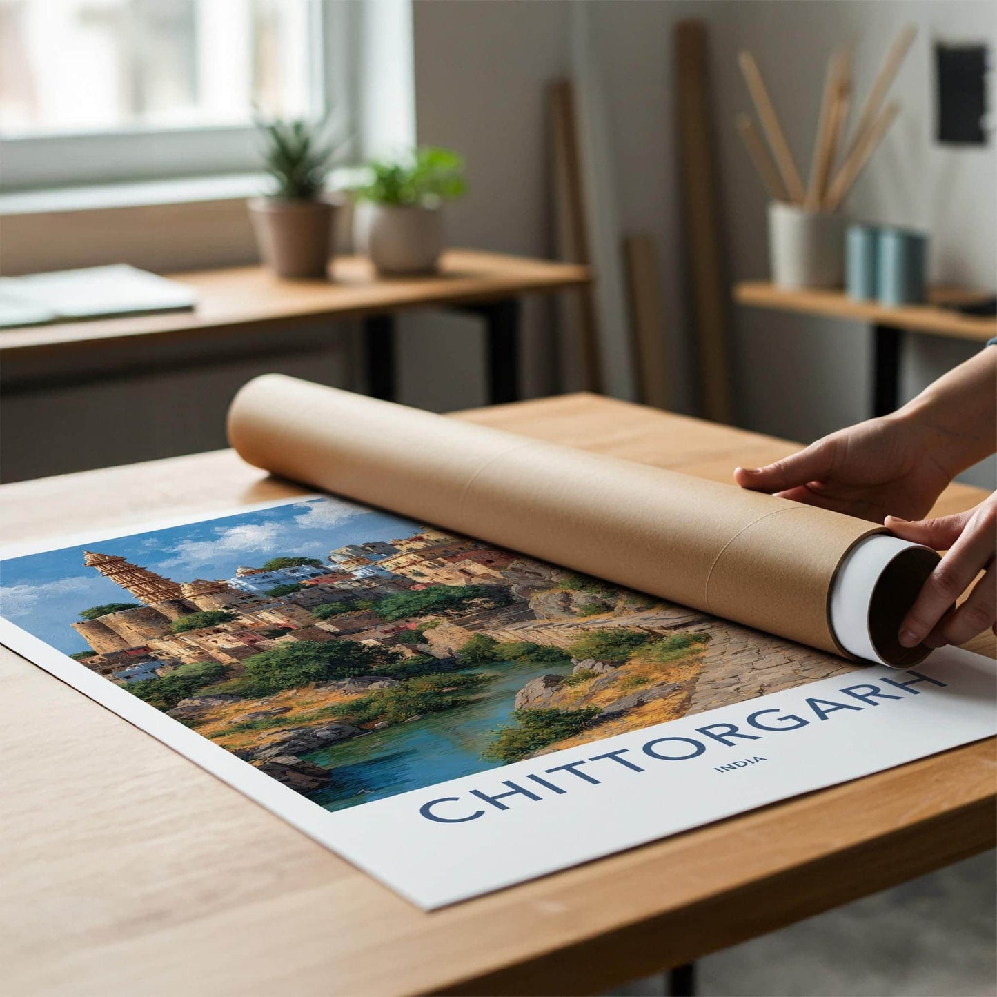 Chittorgarh Poster - India Travel Art - Rajasthan Hillside River Home Decor