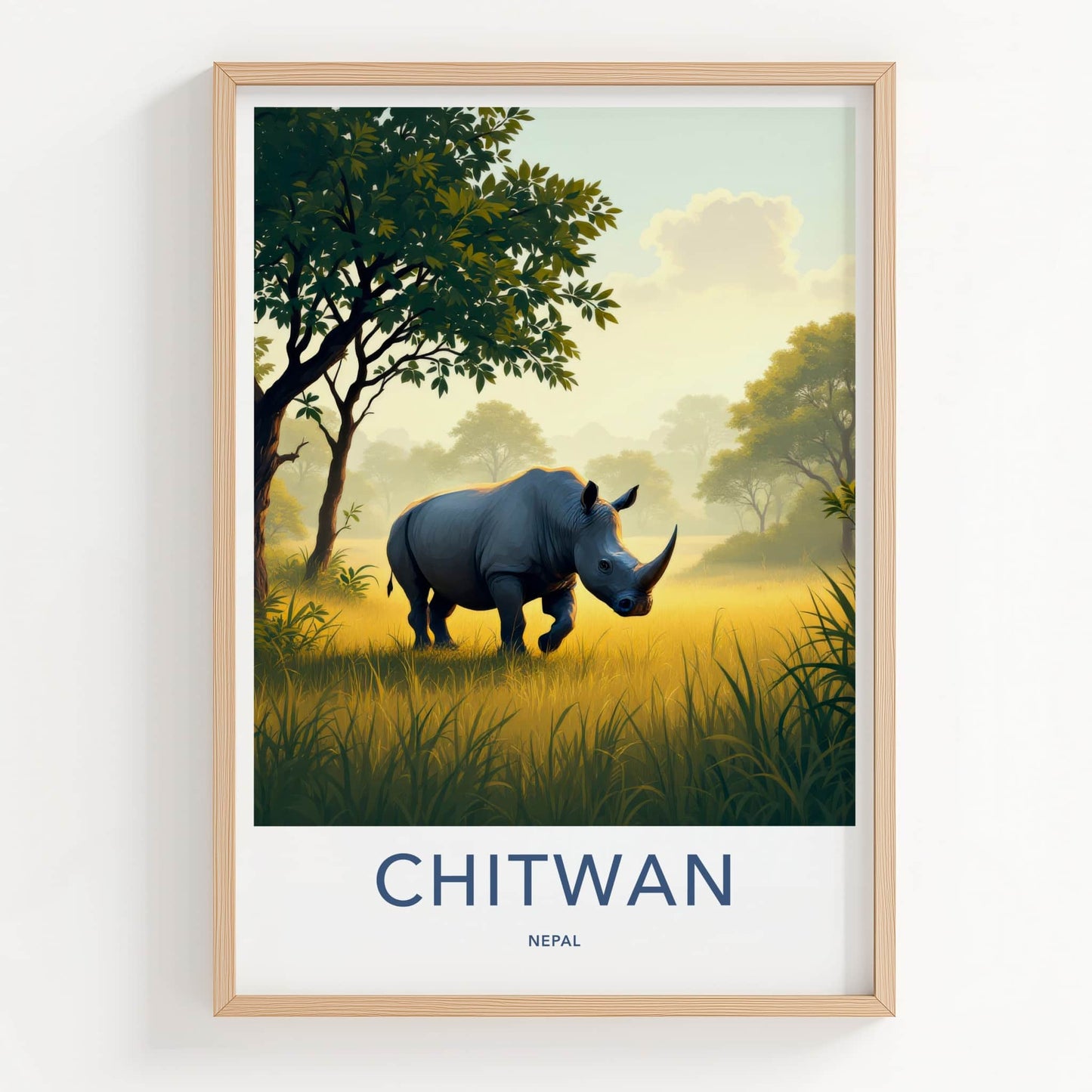 Chitwan Poster - Nepal Framed Art - Rhino Walking Grass Gallery Art