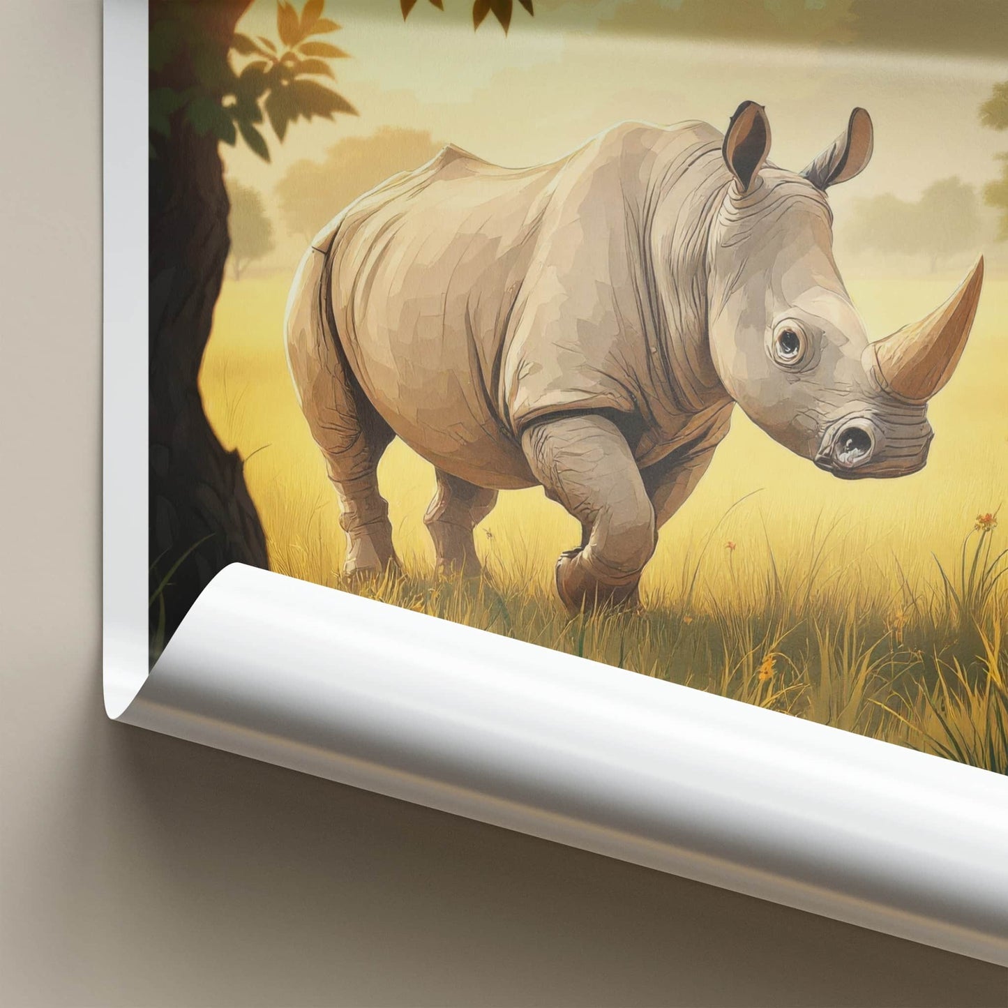 Chitwan Poster - Nepal Travel Art - Rhino Grassy Sunset Home Decor