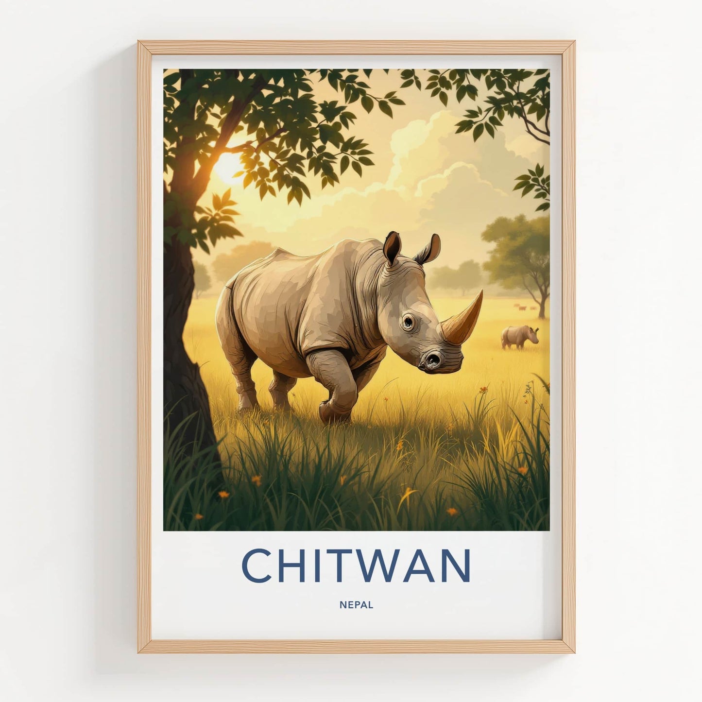 Chitwan Poster - Nepal Travel Art - Rhino Grassy Sunset Home Decor