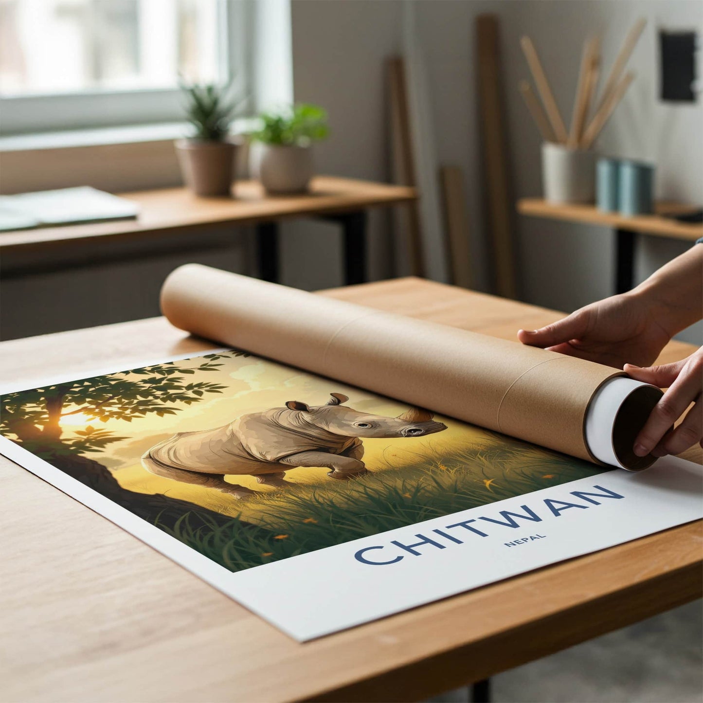 Chitwan Poster - Nepal Travel Art - Rhino Grassy Sunset Home Decor