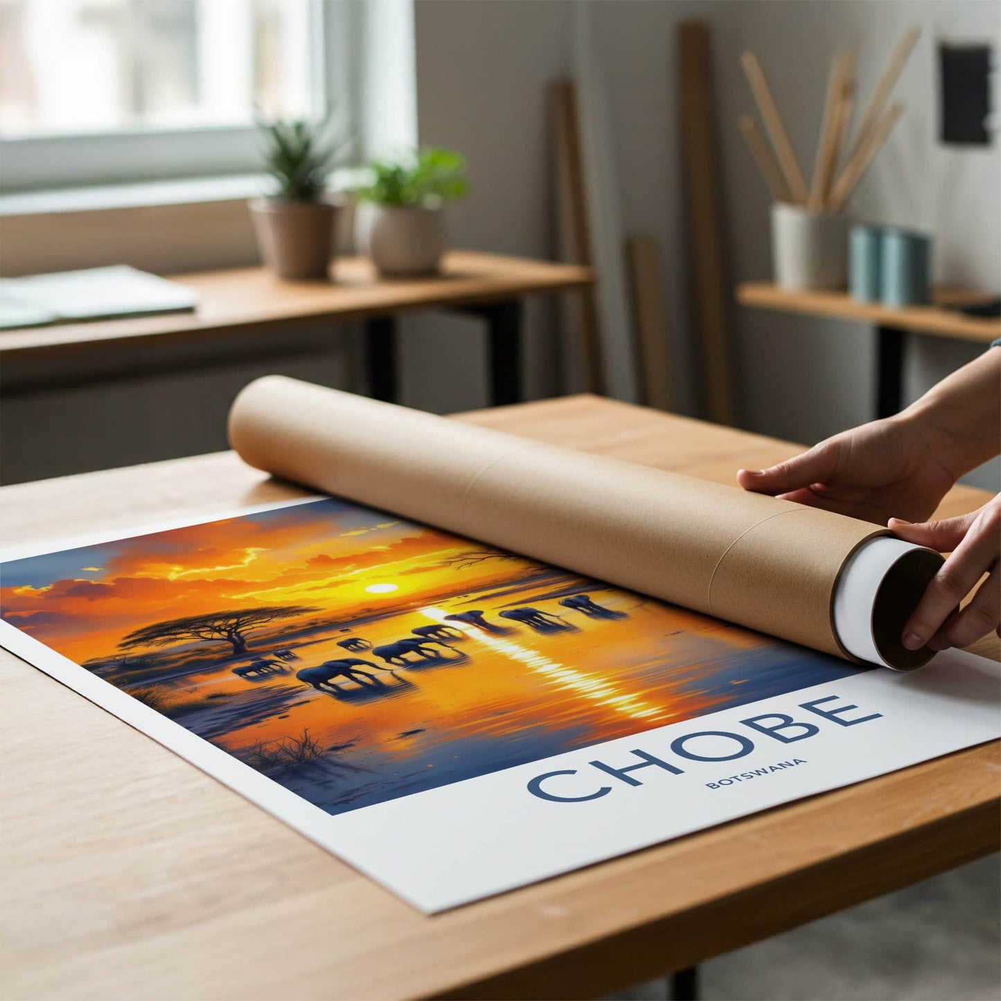 Chobe Poster - Botswana Travel Art - Elephants River Sunset Home Decor